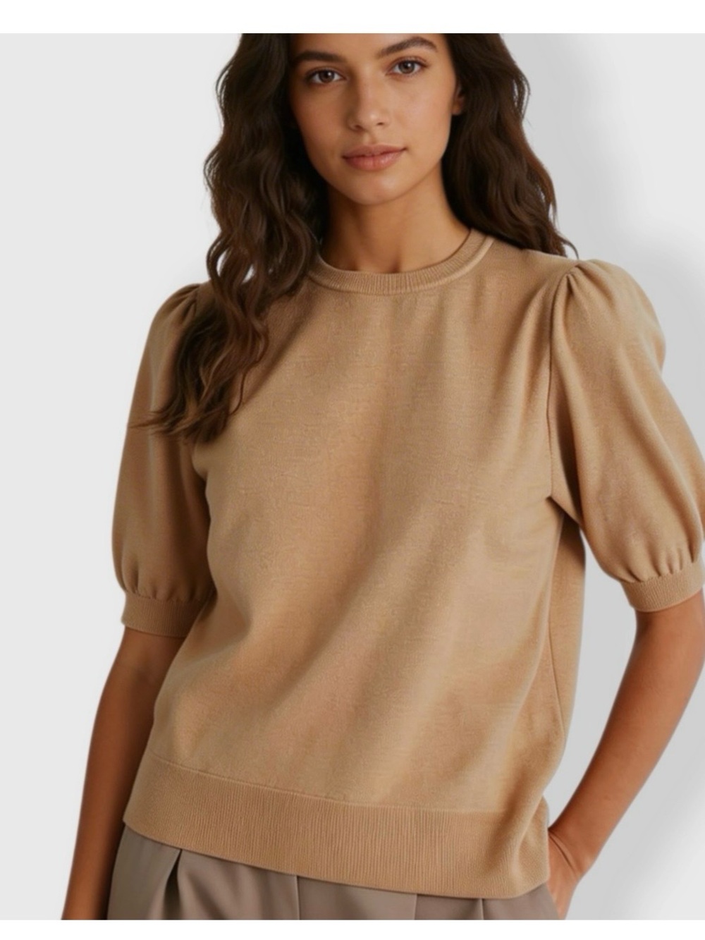 ATHMILE Camel Puff Short Sleeve Knit Pullover Top - Size  M NWT